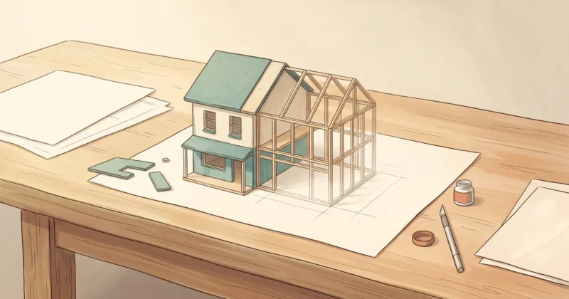 半分だけ組み上がった建物の模型と、その先に続く鉛筆の線
