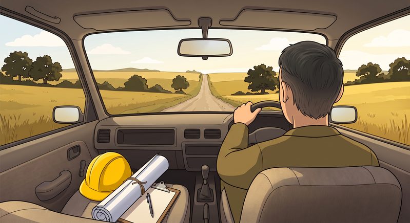 車の運転席から見た、長く続く道と助手席のヘルメットと図面