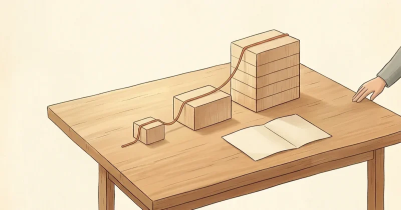小・中・大の建物模型が並び、頂点を結ぶ糸がゆるい曲線を描いている