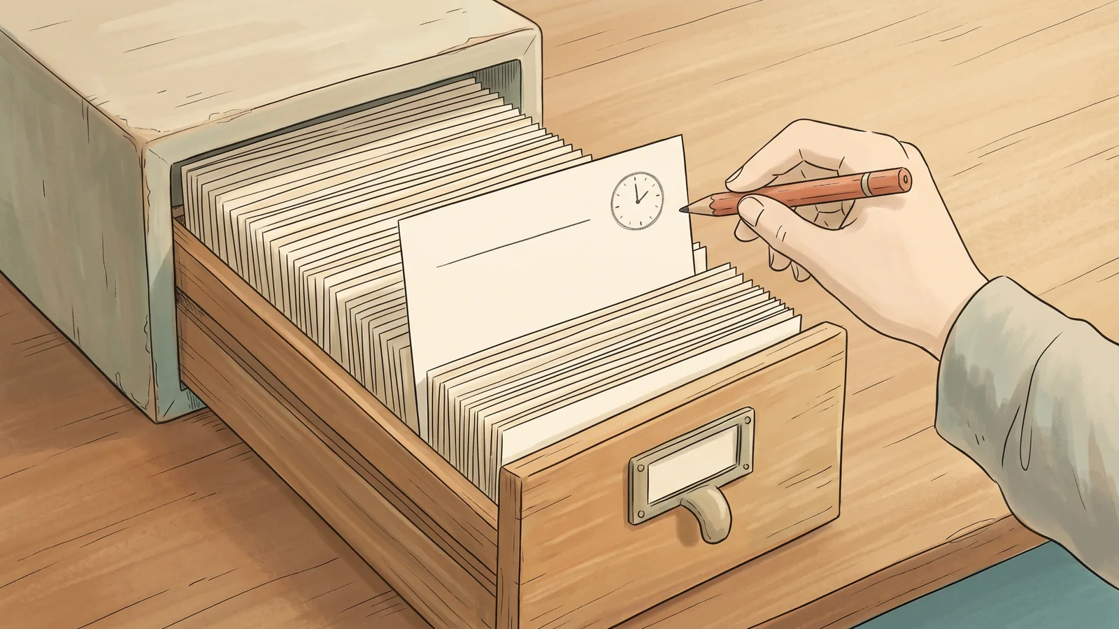 引き出しの中の索引カード。1枚だけ、金額の横に小さく時計の印が書き足されている