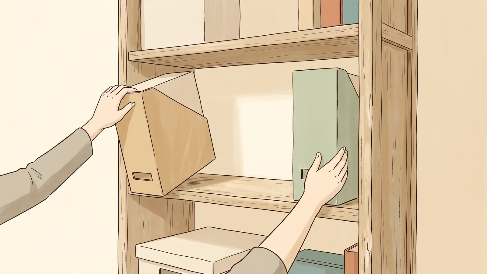 棚から下ろした書類の箱が、別の手によって元の段に戻されている