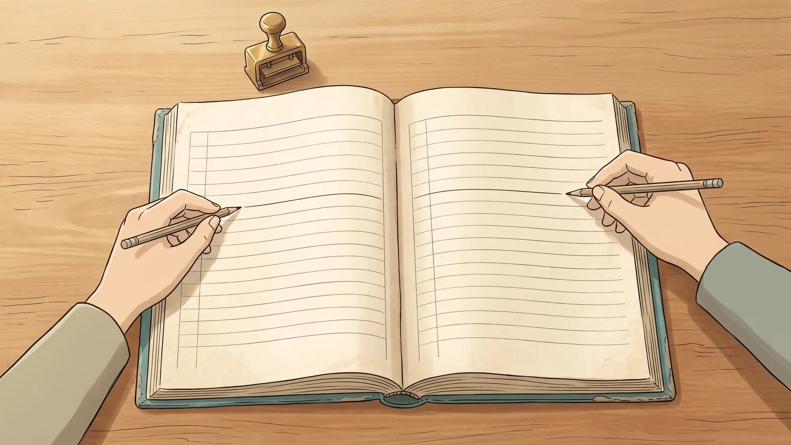 1冊の台帳が机の中央に置かれ、両側から2本の手が同じ帳面に書き込もうとしている